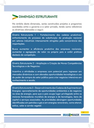 DiMEnsãO EstrUtUrantE

no âmbito desta dimensão, serão construídos projetos e programas
acordados entre o governo e o setor privado, tendo como referência
as diretrizes elencadas a seguir.

Diretriz Estruturante 1 – Fortalecimento das cadeias produtivas:
enfrentamento do processo de substituição da produção nacional
em setores industriais intensamente atingidos pela concorrência das
importações.

Busca aumentar a eficiência produtiva das empresas nacionais,
aumentar a agregação de valor no próprio país e coibir práticas
desleais de competição.


Diretriz Estruturante 2 – Ampliação e Criação de Novas Competências
tecnológicas e de negócios:

incentivo a atividades e empresas com potencial para ingressar em
mercados dinâmicos e com elevadas oportunidades tecnológicas e uso
do poder de compra do setor público para criar negócios intensivos em
conhecimento e escala.


Diretriz Estruturante 3 – Desenvolvimento das Cadeias de Suprimento em
Energias: aproveitamento de oportunidades ambientais e de negócios
na área de energia, para que o país ocupe lugar privilegiado entre os
maiores fornecedores mundiais de energia e de tecnologias, bens de
capital e serviços associados. as prioridades abrangem oportunidades
identificadas em petróleo e gás e em energias renováveis, como etanol,
eólica, solar e carvão vegetal.

                                                                         11
 
