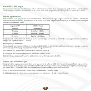 8
Nascentes e Olhos d’água
Nos casos de áreas rurais consolidadas em APP no entorno de nascentes e olhos d’água perenes, será admitida a manutenção de
atividades agrossilvipastoris, de ecoturismo ou de turismo rural, sendo obrigatória a recomposição do raio mínimo de 15 metros.
Lagos e lagoas naturais
Para os imóveis rurais que possuam áreas consolidadas em APP no entorno de lagos e lagoas naturais, será admitida a manutenção
de atividades agrossilvipastoris, de ecoturismo ou de turismo rural, sendo obrigatória a recomposição de faixa marginal com largura
mínima segundo a tabela abaixo:
Largura da APP Módulos Fiscais
5 metros Até 1 módulo
8 metros Entre 1 e 2 módulos
15 metros Entre 2 e 4 módulos
30 metros Superior a 4 módulos
Fica dispensado o estabelecimento das faixas de área de preservação permanente no entorno das acumulações naturais ou artificiais
de água com superfície inferior a 1 hectare.
Recomposição de Veredas
Nos casos de áreas rurais consolidadas em veredas, será obrigatória a recomposição das faixas marginais, em projeção horizontal,
delimitadas a partir do espaço brejoso e encharcado, de largura mínima de:
I – 30 metros, para imóveis rurais com área de até 4 módulos fiscais ; e
II - 50 metros, para imóveis rurais com área superior a 4 módulos fiscais.
Será considerada, para esses fins, a área detida pelo imóvel rural em 22 de julho de 2008.
Área máxima de recomposição
Aos proprietários e possuidores dos imóveis rurais que, em 22 de julho de 2008, detinham até 4 módulos fiscais e desenvolviam
atividades agrossilvipastoris nas áreas consolidadas em Áreas de Preservação Permanente é garantido que a exigência de recomposição,
nos termos desta Lei, somadas todas as Áreas de Preservação Permanente do imóvel, não ultrapassará:
I - 10% da área total do imóvel, para imóveis rurais com área de até 2 módulos fiscais;
II - 20% da área total do imóvel, para imóveis rurais com área superior a 2 e de até 4 módulos fiscais;
 