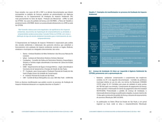 40 LICENCIAMENTO AMBIENTAL DA ATIVIDADE INDUSTRIAL NA REGIÃO METROPOLITANA DE SÃO PAULO - RMSP
41LICENCIAMENTO AMBIENTAL DA ATIVIDADE INDUSTRIAL NA REGIÃO METROPOLITANA DE SÃO PAULO - RMSP
Esses estudos, nos casos de EAS e RAP e as demais documentações que devem
acompanhar os pedidos de licenças, poderão ser protocolizados nas Agências
Ambientais ou no Departamento de Avaliação de Impacto Ambiental (TA),
mais precisamente no Setor de Apoio - Proteção aos Mananciais - LAPM, na sede
da CETESB; nos casos do pedidos de licença com EIA/RIMA, o Plano de Trabalho e
posteriormente o EIA/RIMA devem ser protocolizado diretamente no LAPM na sede
da CETESB.
Não havendo clareza acerca da magnitude e da significância dos impactos
ambientais, decorrentes da implantação de empreendimento ou atividade, o
empreendedor poderá protocolizar Consulta Prévia na CETESB, com vistas à
definição do tipo de estudo ambiental necessário para o licenciamento do seu
empreendimento.
O Departamento de Avaliação de Impacto Ambiental é responsável pela análise
dos estudos ambientais e elaboração dos pareceres técnicos que subsidiam o
licenciamento com avaliação de impacto ambiental, ouvindo os órgãos (federais,
estaduais e municipais) ou colegiados intervenientes, tais como:
Ibama - Instituto Brasileiro do Meio Ambiente e dos Recursos Naturais Re•	
nováveis
Iphan - Instituto do Patrimônio Histórico Artístico Nacional•	
Condephat - Conselho de Defesa do Patrimônio Histórico, Arqueológico,•	
Artístico e Turístico órgão subordinado à Secretaria de Cultura do Estado
de São Paulo
DAEE - Departamento de Águas e Energia Elétrica -, órgão subordinado à•	
Secretaria de de Saneamento e Energia do Estado de São Paulo;
FF - Fundação para Conservação e Produção Florestal do Estado de São•	
Paulo (Órgão Gestor da Unidade de Conservação)
IF - Instituto Florestal do Estado de São Paulo•	
CBH - Comitê de Bacia Hidrográfica (no caso: CBH-Alto Tietê – UGRHI 06)•	
Entre as diversas manifestações que podem ocorrer no processo de Avaliação de
Impacto Ambiental destacam-se a aquelas descritas no Quadro 7.
Quadro 7: Exemplos de manifestações no processo de Avaliação de Impacto
Ambiental
8.2 Licença de Instalação (LI) deve ser requerida à Agência Ambiental da
CETESB, juntamente com a apresentação de:
Relatório ambiental•	 comprovando o cumprimento das exigências
contidas na LP, e da seguinte documentação: - Certidão da prefeitura
municipal relativa ao uso do solo, nos termos da Resolução CONAMA
237/97, artigo 10, §1º. Certidões sem prazo de validade só serão aceitas
até 180 dias após sua emissão;- Comprovante de pagamento da licença,
exceto quando o interessado for isento do pagamento (Decreto Estadual
48.919/2004). Protocolizado o pedido de Licença de Instalação, o
interessadodeveráentregaraspublicaçõesexigidas,noprazomáximode
15diasapósoprotocolodopedidodelicença,sobpenadearquivamento
do processo (Resolução SMA 54/2004).
As publicações no Diário Oficial do Estado de São Paulo, e em jornal•	
regional ou local, onde se situa o empreendimento (Resolução
Comitê da
Bacia Hidro-
gráfica do Alto
Tietê (CBH-AT)
Quando necessária: nos casos de empreendimentos que tenham como impacto signifi-
cativo à intervenção no regime hídrico da bacia hidrográfica onde planeja se implantar
um determinado empreendimento.
As manifestações do Comitê deverão ser técnicas e subsidiarão a análise realizada pelos
técnicos da CETESB no que se refere à viabilidade ambiental do empreendimento e
deverão indicar, fundamentalmente, a relação que o empreendimento mantém com as
metas do Plano de Bacia ou com o Relatório de Situação.
Prazo: 60 (sessenta) dias para se manifestar, na fase de Licença Prévia. As manifestações
com sugestões encaminhadas fora deste prazo serão contempladas apenas na próxima
fase do licenciamento (Licença de Instalação).
Legislação: Resolução SMA nº 54, de 30/07/2008 e da Deliberação CRH nº 87, de
28/10/2000.
Departamento
de Águas e
Energia Elétrica
do Estado de
São Paulo
(DAEE)
Quando necessária: qualquer intervenção na várzea do Rio Tietê deverá ser precedida
de anuência do DAEE.
A manifestação do DAEE será obrigatória inclusive nos casos de renovação de licenças,
quando houver novas intervenções.
Prazo: - não definido
Legislação: Resolução SMA nº 13 de 24/02/ 2010 e da Resolução SMA 54/00
Órgão Gestor
da Unidade de
Conservação
(Fundação
Florestal)
Quando necessária: nos casos em que a atividade afetar uma dada Unidade de Con-
servação ou sua Zona de Amortecimento.
Prazo : 90 dias para o EIA; 60 dias para RAP e 30 dias para EAS
Legislação: Lei Federal nº 9.985/2000 e da Resolução SMA nº 11, de 12/02/2010.
 