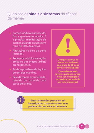 Câncer de mama: vamos falar sobre isso? 7
Quais são os sinais e sintomas do câncer
de mama?
Essas alterações precisam ser
investigadas o quanto antes, mas
podem não ser câncer de mama.
Qualquer caroço na
mama em mulheres
com mais de 50 anos
deve ser investigado!
Em mulheres mais
jovens, qualquer caroço
deve ser investigado
se persistir por mais de
um ciclo menstrual.
• Caroço (nódulo) endurecido,
fixo e geralmente indolor. É
a principal manifestação da
doença, estando presente em
mais de 90% dos casos.
• Alterações no bico do peito
(mamilo).
• Pequenos nódulos na região
embaixo dos braços (axilas)
ou no pescoço.
• Saída espontânea de líquido
de um dos mamilos.
• Pele da mama avermelhada,
retraída ou parecida com
casca de laranja.
 