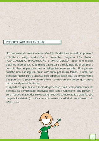 ROTEIRO PARA IMPLANTAÇÃO

Um programa de coleta seletiva não é tarefa difícil de se realizar, porém é
trabalhosa, exige dedicação e empenho. Engloba três etapas:
PLANEJAMENTO, IMPLANTAÇÃO e MANUTENÇÃO, todas com muitos
detalhes importantes. O primeiro passo para a realização do programa é
conscientizar as pessoas para a realização desse trabalho. Uma pessoa
sozinha não conseguiria arcar com tudo por muito tempo, e uma das
principais razões para o sucesso de programas desse tipo, é o envolvimento
das pessoas. O próximo movimento é reuní-los em um grupo, que será o
responsável pelas três etapas.
É importante que desde o início do processo, haja acompanhamento de
pessoas da comunidade envolvida, pois serão sabedoras dos passos a
serem dados através dos meios costumeiros de comunicação e organização
daquela localidade (reuniões de professores, da APM, de condôminos, de
SABs, etc.).

11

 