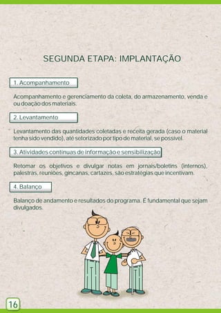 SEGUNDA ETAPA: IMPLANTAÇÃO
1. Acompanhamento
Acompanhamento e gerenciamento da coleta, do armazenamento, venda e
ou doação dos materiais.
2. Levantamento
Levantamento das quantidades coletadas e receita gerada (caso o material
tenha sido vendido), até setorizado por tipo de material, se possível.
3. Atividades contínuas de informação e sensibilização
Retomar os objetivos e divulgar notas em jornais/boletins (internos),
palestras, reuniões, gincanas, cartazes, são estratégias que incentivam.
4. Balanço
Balanço de andamento e resultados do programa. É fundamental que sejam
divulgados.

16

 