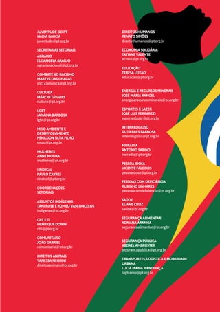 19
JUVENTUDE DO PT
NÁDIA GARCIA
juventude@pt.org.br
SECRETARIAS SETORIAIS
AGRÁRIO
ELISANGELA ARAUJO
agrarianacional@pt.org.br
COMBATE AO RACISMO
MARTVS DAS CHAGAS
sncr.comunica@pt.org.br
CULTURA
MÁRCIO TÁVARES
cultura@pt.org.br
LGBT
JANAINA BARBOSA
lgbt@pt.org.br
MEIO AMBIENTE E
DESENVOLVIMENTO
PENILDON SILVA FILHO
smad@pt.org.br
MULHERES
ANNE MOURA
mulheres@pt.org.br
SINDICAL
PAULO CAYRES
sindical@pt.org.br
COORDENAÇÕES
SETORIAIS
ASSUNTOS INDÍGENAS
TANI ROSE E ROMEU VASCONCELOS
indigenas@pt.org.br
C&T E TI
HENRIQUE DONIN
ctti@pt.org.br
COMUNITÁRIO
JOÃO GABRIEL
comunitario@pt.org.br
DIREITOS ANIMAIS
VANESSA NEGRINI
direitosanimais@pt.org.br
DIREITOS HUMANOS
RENATO SIMÕES
direitoshumanos@pt.org.br
ECONOMIA SOLIDÁRIA
TATIANE VALENTE
ecosol@pt.org.br
EDUCAÇÃO
TERESA LEITÃO
educacao@pt.org.br
ENERGIA E RECURSOS MINERAIS
JOSÉ MARIA RANGEL
energiaerecursosminerais@pt.org.br
ESPORTES E LAZER
JOSÉ LUIS FERRAREZI
esporteslazer@pt.org.br
INTERRELIGIOSO
GUTIERRES BARBOSA
interreligioso@pt.org.br
MORADIA
ANTONIO SABINO
moradia@pt.org.br
PESSOA IDOSA
VICENTE FALEIROS
pessoaidosa@pt.org.br
PESSOAS COM DEFICIÊNCIA
RUBINHO LINHARES
pessoascomdeficiencia@pt.org.br
SAÚDE
ELIANE CRUZ
saude@pt.org.br
SEGURANÇA ALIMENTAR
ADRIANA ARANHA
segurancaalimentar@pt.org.br
SEGURANÇA PÚBLICA
ABDAEL AMBRUSTER
segurancapublica@pt.org.br
TRANSPORTES, LOGISTICA E MOBILIDADE
URBANA
LUCIA MARIA MENDONÇA
logtransp@pt.org.br
 