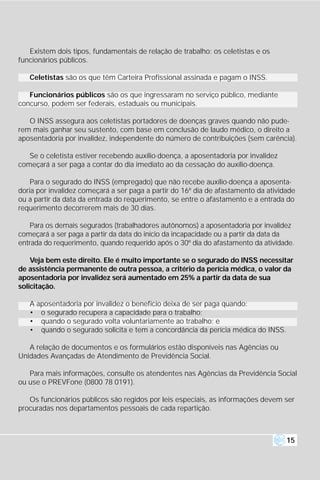 Existem dois tipos, fundamentais de relação de trabalho: os celetistas e os
funcionários públicos.

   Celetistas são os que têm Carteira Profissional assinada e pagam o INSS.

   Funcionários públicos são os que ingressaram no serviço público, mediante
concurso, podem ser federais, estaduais ou municipais.

   O INSS assegura aos celetistas portadores de doenças graves quando não pude-
rem mais ganhar seu sustento, com base em conclusão de laudo médico, o direito a
aposentadoria por invalidez, independente do número de contribuições (sem carência).

   Se o celetista estiver recebendo auxílio-doença, a aposentadoria por invalidez
começará a ser paga a contar do dia imediato ao da cessação do auxílio-doença.

    Para o segurado do INSS (empregado) que não recebe auxílio-doença a aposenta-
doria por invalidez começará a ser paga a partir do 16º dia de afastamento da atividade
ou a partir da data da entrada do requerimento, se entre o afastamento e a entrada do
requerimento decorrerem mais de 30 dias.

   Para os demais segurados (trabalhadores autônomos) a aposentadoria por invalidez
começará a ser paga a partir da data do início da incapacidade ou a partir da data da
entrada do requerimento, quando requerido após o 30º dia do afastamento da atividade.

    Veja bem este direito. Ele é muito importante se o segurado do INSS necessitar
de assistência permanente de outra pessoa, a critério da perícia médica, o valor da
aposentadoria por invalidez será aumentado em 25% a partir da data de sua
solicitação.

   A aposentadoria por invalidez o benefício deixa de ser paga quando:
   • o segurado recupera a capacidade para o trabalho;
   • quando o segurado volta voluntariamente ao trabalho; e
   • quando o segurado solicita e tem a concordância da perícia médica do INSS.

   A relação de documentos e os formulários estão disponíveis nas Agências ou
Unidades Avançadas de Atendimento de Previdência Social.

   Para mais informações, consulte os atendentes nas Agências da Previdência Social
ou use o PREVFone (0800 78 0191).

   Os funcionários públicos são regidos por leis especiais, as informações devem ser
procuradas nos departamentos pessoais de cada repartição.



                                                                                    15
 