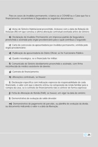 Para os casos de invalidez permanente, o banco ou a COHAB ou a Caixa que fez o
financiamento, encaminhará à Seguradora os seguintes documentos:



    a) Aviso de Sinistro Habitacional preenchido, inclusive com a data da Relação de
Inclusão (RI) em que constou a última alteração contratual averbada antes do sinistro;

   b) Declaração de Invalidez Permanente em impresso padrão da Seguradora
preenchida e assinada pelo órgão previdenciário para o qual contribua o Segurado;

   c) Carta de concessão da aposentadoria por invalidez permanente, emitida pelo
órgão previdenciário;

   d) Publicação da aposentadoria do Diário Oficial, se for Funcionário Público;

   e) Quadro nosológico, se o financiado for militar;

   f) Comunicado de Sinistro devidamente preenchido e assinado, com firma
reconhecida do médico assistente do doente;

   g) Contrato de financiamento;

   h) Alterações contratuais, se houver;

    i) Declaração específica com indicação expressa da responsabilidade de cada
financiado, o valor com que o doente entrou na composição da renda familiar para a
compra da casa, se o contrato de financiamento não a contiver de forma expressa;

   j) Ficha de Alteração de Renda (FAR), se houver, em vigor na data do sinistro;

   l) Demonstrativo de evolução do saldo devedor;

   m) Demonstrativo de pagamento de parcelas, ou planilha de evolução da dívida,
ou documento indicando o valor e a data da liberação.




                                                                                    25
 