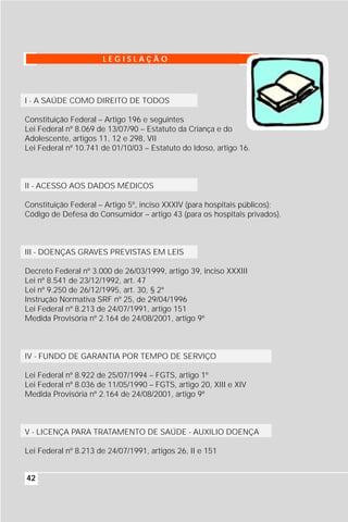 LEGISLAÇÃO




I - A SAÚDE COMO DIREITO DE TODOS

Constituição Federal – Artigo 196 e seguintes
Lei Federal nº 8.069 de 13/07/90 – Estatuto da Criança e do
Adolescente, artigos 11, 12 e 298, VII
Lei Federal nº 10.741 de 01/10/03 – Estatuto do Idoso, artigo 16.



II - ACESSO AOS DADOS MÉDICOS

Constituição Federal – Artigo 5º, inciso XXXIV (para hospitais públicos);
Código de Defesa do Consumidor – artigo 43 (para os hospitais privados).



III - DOENÇAS GRAVES PREVISTAS EM LEIS

Decreto Federal nº 3.000 de 26/03/1999, artigo 39, inciso XXXIII
Lei nº 8.541 de 23/12/1992, art. 47
Lei nº 9.250 de 26/12/1995, art. 30, § 2º
Instrução Normativa SRF nº 25, de 29/04/1996
Lei Federal nº 8.213 de 24/07/1991, artigo 151
Medida Provisória nº 2.164 de 24/08/2001, artigo 9º



IV - FUNDO DE GARANTIA POR TEMPO DE SERVIÇO

Lei Federal nº 8.922 de 25/07/1994 – FGTS, artigo 1º
Lei Federal nº 8.036 de 11/05/1990 – FGTS, artigo 20, XIII e XIV
Medida Provisória nº 2.164 de 24/08/2001, artigo 9º



V - LICENÇA PARA TRATAMENTO DE SAÚDE - AUXILIO DOENÇA

Lei Federal nº 8.213 de 24/07/1991, artigos 26, II e 151


42
 