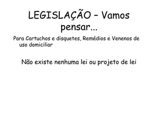 LEGISLAÇÃO – Vamos
pensar...
Para Cartuchos e disquetes, Remédios e Venenos de
uso domiciliar
Não existe nenhuma lei ou projeto de lei
 