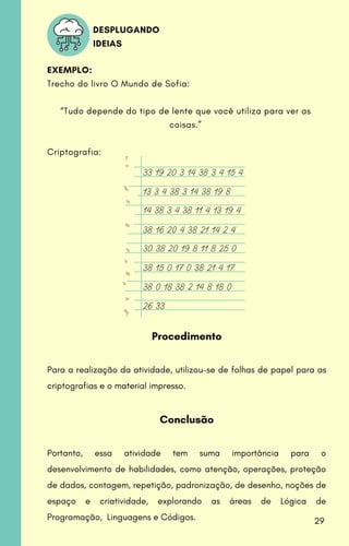 Procedimento
Para a realização da atividade, utilizou-se de folhas de papel para as
criptografias e o material impresso.
Conclusão
Portanto, essa atividade tem suma importância para o
desenvolvimento de habilidades, como atenção, operações, proteção
de dados, contagem, repetição, padronização, de desenho, noções de
espaço e criatividade, explorando as áreas de Lógica de
Programação, Linguagens e Códigos.
EXEMPLO:
Trecho do livro O Mundo de Sofia:
“Tudo depende do tipo de lente que você utiliza para ver as
coisas.”
Criptografia:
DESPLUGANDO
IDEIAS
33 19 20 3 14 38 3 4 15 4
38 15 0 17 0 38 21 4 17
13 3 4 38 3 14 38 19 8
30 38 20 19 8 11 8 25 0
38 16 20 4 38 21 14 2 4
14 38 3 4 38 11 4 13 19 4
26 33
38 0 18 38 2 14 8 18 0
29
 