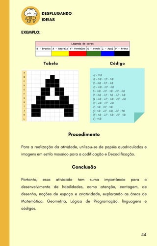 A = 11B
B = 5B - 1P - 5B
C = 4B - 3P - 4B
D = 4B - 3P - 4B
E = 3B - 2P - 1B - 2P - 3B
F = 3B - 2P - 1B - 2P - 3B
G = 2B - 2P - 3B - 2P - 2B
H = 2B - 7P - 2B
I = 1B - 9P - 1B
J = 1B - 2P - 5B - 2P - 1B
K = 1B - 2P - 5B - 2P - 1B
L = 11B
Tabela Código
Procedimento
Para a realização da atividade, utilizou-se de papéis quadriculados e
imagens em estilo mosaico para a codificação e Decodificação.
Conclusão
Portanto, essa atividade tem suma importância para o
desenvolvimento de habilidades, como atenção, contagem, de
desenho, noções de espaço e criatividade, explorando as áreas de
Matemática, Geometria, Lógica de Programação, linguagens e
códigos.
DESPLUGANDO
IDEIAS
EXEMPLO:
44
 