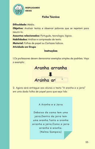 Ficha Técnica
Dificuldade: Médio.
Objetivo: Analisar textos e observar palavras que se repetem para
resumi-lo.
Assuntos relacionados: Português, tecnologia, lógica.
Habilidades: Análise e compressão de texto.
Material: Folhas de papel ou Cartazes lúdicos.
Atividade em Grupo
Instruções
1.Os professores devem demonstrar exemplos simples de padrões. Veja
o exemplo:
DESPLUGANDO
IDEIAS
A A r a n h a e a J a r r a
D e b a i x o d a c a m a t e m u m a
j a r r a , D e n t r o d a j a r r a t e m
u m a a r a n h a . T a n t o a a r a n h a
a r r a n h a a j a r r a , C o m o a j a r r a
a r r a n h a a a r a n h a .
( N e l m a S a m p a i o )
2. Agora será entregue aos alunos o texto “A aranha e a jarra”
em uma dada folha de papel para que seja lido
55
 