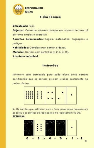 Ficha Técnica
Dificuldade: Fácil.
Objetivo: Converter números binários em números de base 10
de forma simples e interativa...