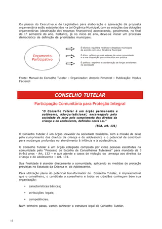 Os prazos do Executivo e do Legislativo para elaboração e aprovação da proposta
     orçamentária estão estabelecidos na Lei Orgânica Municipal, com as votações das dotações
     orçamentárias (destinação dos recursos financeiros) acontecendo, geralmente, no final
     do 1º semestre do ano. Portanto, já no início do ano, deve-se iniciar um processo
     democrático de definição de prioridades municipais.


                                                 É técnico: equilibra receitas e despesas municipais
                                                 de acordo com a Lei Orgânica Municipal


               Orçamento                         É ético: reflete os reais valores de uma comunidade
                                                 e a sua disposição para colocá-los em prática
              Participativo
                                                 É político: exprime a coordenação de forças existentes
                                                 na sociedade




     Fonte: Manual do Conselho Tutelar – Organizador: Antonio Pimentel – Publicação: Modus
     Faciendi




                                  CONSELHO TUTELAR
                Participação Comunitária para Proteção Integral
                     “O Conselho Tutelar é um órgão permanente e
                     autônomo, não-jurisdicional, encarregado pela
                     sociedade de zelar pelo cumprimento dos direitos da
                     criança e do adolescente, definidos nesta Lei.”
                                                               (ECA, art. 131)


     O Conselho Tutelar é um órgão inovador na sociedade brasileira, com a missão de zelar
     pelo cumprimento dos direitos da criança e do adolescente e o potencial de contribuir
     para mudanças profundas no atendimento à infância e à adolescência.

     O Conselho Tutelar é um órgão colegiado composto por cinco pessoas escolhidas na
     comunidade pelo “Processo de Escolha de Conselheiros Tutelares” para mandato de 3
     (três) anos - Art, 132 – e que atende a casos de violação ou ameaça aos direitos da
     criança e do adolescente – Art. 131.

     Sua finalidade é atender diretamente a comunidade, aplicando as medidas de proteção
     previstas no Estatuto da Criança e do Adolescente.

     Para utilização plena do potencial transformador do Conselho Tutelar, é imprescindível
     que o conselheiro, o candidato a conselheiro e todos os cidadãos conheçam bem sua
     organização:

        ·   características básicas;

        ·   atribuições legais;

        ·   competências.

     Num primeiro passo, vamos conhecer a estrutura legal do Conselho Tutelar.




10
 