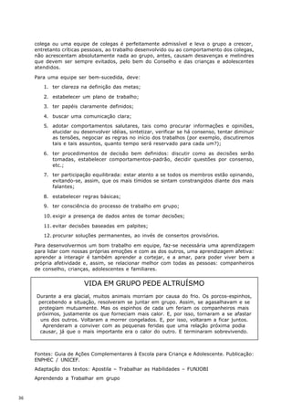colega ou uma equipe de colegas é perfeitamente admissível e leva o grupo a crescer,
     entretanto críticas pessoais, ao trabalho desenvolvido ou ao comportamento dos colegas,
     não acrescentam absolutamente nada ao grupo, antes, causam desavenças e melindres
     que devem ser sempre evitados, pelo bem do Conselho e das crianças e adolescentes
     atendidos.

     Para uma equipe ser bem-sucedida, deve:

        1. ter clareza na definição das metas;

        2. estabelecer um plano de trabalho;

        3. ter papéis claramente definidos;

        4. buscar uma comunicação clara;

        5. adotar comportamentos salutares, tais como procurar informações e opiniões,
           elucidar ou desenvolver idéias, sintetizar, verificar se há consenso, tentar diminuir
           as tensões, negociar as regras no início dos trabalhos (por exemplo, discutiremos
           tais e tais assuntos, quanto tempo será reservado para cada um?);

        6. ter procedimentos de decisão bem definidos: discutir como as decisões serão
           tomadas, estabelecer comportamentos-padrão, decidir questões por consenso,
           etc.;

        7. ter participação equilibrada: estar atento a se todos os membros estão opinando,
           evitando-se, assim, que os mais tímidos se sintam constrangidos diante dos mais
           falantes;

        8. estabelecer regras básicas;

        9. ter consciência do processo de trabalho em grupo;

        10. exigir a presença de dados antes de tomar decisões;

        11. evitar decisões baseadas em palpites;

        12. procurar soluções permanentes, ao invés de consertos provisórios.

     Para desenvolvermos um bom trabalho em equipe, faz-se necessária uma aprendizagem
     para lidar com nossas próprias emoções e com as dos outros, uma aprendizagem afetiva:
     aprender a interagir é também aprender a cortejar, e a amar, para poder viver bem a
     própria afetividade e, assim, se relacionar melhor com todas as pessoas: companheiros
     de conselho, crianças, adolescentes e familiares.


                        VIDA EM GRUPO PEDE ALTRUÍSMO
     Durante a era glacial, muitos animais morriam por causa do frio. Os porcos-espinhos,
      percebendo a situação, resolveram se juntar em grupo. Assim, se agasalhavam e se
      protegiam mutuamente. Mas os espinhos de cada um feriam os companheiros mais
     próximos, justamente os que forneciam mais calor. E, por isso, tornaram a se afastar
       uns dos outros. Voltaram a morrer congelados. E, por isso, voltaram a ficar juntos.
        Aprenderam a conviver com as pequenas feridas que uma relação próxima podia
      causar, já que o mais importante era o calor do outro. E terminaram sobrevivendo.



     Fontes: Guia de Ações Complementares à Escola para Criança e Adolescente. Publicação:
     ENPHEC / UNICEF.
     Adaptação dos textos: Apostila – Trabalhar as Habilidades – FUNJOBI
     Aprendendo a Trabalhar em grupo



36
 