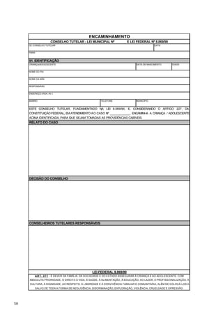 ENCAMINHAMENTO
                      CONSELHO TUTELAR - LEI MUNICIPAL Nº                  E LEI FEDERAL Nº 8.069/90
     DE CONSELHO TUTELAR                                                                     DATA


     PARA


     01. IDENTIFICAÇÃO
     CRIANÇA/ADOLESCENTE                                                         DATA DE NASCIMENTO       IDADE


     NOME DO PAI


     NOME DA MÃE


     RESPONSÁVEL


     ENDEREÇO (RUA, AV.)


     BAIRRO                                              TELEFONE                MUNICÍPIO


     ESTE CONSELHO TUTELAR, FUNDAMENTADO NA LEI 8.069/90, E, CONSIDERANDO O ARTIGO 227, DA
     CONSTITUIÇÃO FEDERAL, EM ATENDIMENTO AO CASO Nº ____________, ENCAMINHA A CRIANÇA / ADOLESCENTE
     ACIMA IDENTIFICADA, PARA QUE SEJAM TOMADAS AS PROVIDÊNCIAS CABÍVEIS.
     RELATO DO CASO




     DECISÃO DO CONSELHO




     CONSELHEIROS TUTELARES RESPONSÁVEIS




                                                   LEI FEDERAL 8.069/90
            A R T . 2 7 7 - É DEVER DA FAMÍLIA, DA SOCIEDADE E DO ESTADO ASSEGURAR À CRIANÇA E AO ADOLESCENTE, COM
     ABSOLUTA PRIORIDADE, O DIREITO À VIDA, À SAÚDE, À ALIMENTAÇÃO, À EDUCAÇÃO, AO LAZER, À PROFISSIONALIZAÇÃO, À
     CULTURA, À DIGNIDADE, AO RESPEITO, À LIBERDADE E À CONVIVÊNCIA FAMILIAR E COMUNITÁRIA, ALÉM DE COLOCÁ-LOS A
            SALVO DE TODA A FORMA DE NEGLIGÊNCIA, DISCRIMINAÇÃO, EXPLORAÇÃO, VIOLÊNCIA, CRUELDADE E OPRESSÃO.




58
 