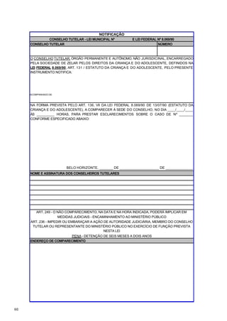 NOTIFICAÇÃO
              CONSELHO TUTELAR - LEI MUNICIPAL Nº         E LEI FEDERAL Nº 8.069/90
     CONSELHO TUTELAR                                                   NÚMERO



     O CONSELHO TUTELAR, ÓRGÃO PERMANENTE E AUTÔNOMO, NÃO JURISDICINAL, ENCARREGADO
     PELA SOCIEDADE DE ZELAR PELOS DIREITOS DA CRIANÇA E DO ADOLESCENTE, DEFINIDOS NA
     LEI FEDERAL 8.069/90, ART. 131 / ESTATUTO DA CRIANÇA E DO ADOLESCENTE, PELO PRESENTE
     INSTRUMENTO NOTIFICA:




     ACOMPANHADO DE



     NA FORMA PREVISTA PELO ART. 136, VII DA LEI FEDERAL 8.069/90 DE 13/07/90 (ESTATUTO DA
     CRIANÇA E DO ADOLESCENTE), A COMPARECER À SEDE DO CONSELHO, NO DIA ____/____/____
     ÀS _________ HORAS, PARA PRESTAR ESCLARECIMENTOS SOBRE O CASO DE Nº _______
     CONFORME ESPECIFICADO ABAIXO:




                       BELO HORIZONTE, _______ DE ____________________ DE ______________
     NOME E ASSINATURA DOS CONSELHEIROS TUTELARES




        ART. 249 - O NÃO COMPARECIMENTO, NA DATA E NA HORA INDICADA, PODERÁ IMPLICAR EM
                     MEDIDAS JUDICIAIS - ENCAMINHAMENTO AO MINISTÉRIO PÚBLICO
     ART. 236 - IMPEDIR OU EMBARAÇAR A AÇÃO DE AUTORIDADE JUDICIÁRIA, MEMBRO DO CONSELHO
      TUTELAR OU REPRESENTANTE DO MINISTÉRIO PÚBLICO NO EXERCÍCIO DE FUNÇÃO PREVISTA
                                              NESTA LEI
                             PENA - DETENÇÃO DE SEIS MESES A DOIS ANOS
     ENDEREÇO DE COMPARECIMENTO




60
 