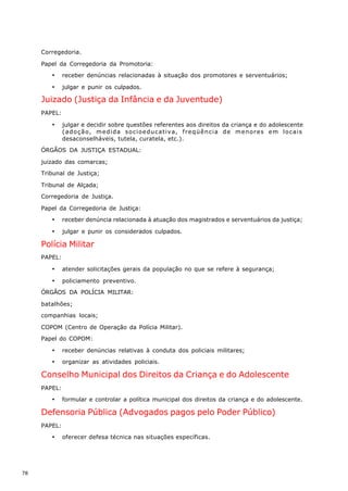 Corregedoria.

     Papel da Corregedoria da Promotoria:

        ·     receber denúncias relacionadas à situação dos promotores e serventuários;

        ·     julgar e punir os culpados.

     Juizado (Justiça da Infância e da Juventude)
     PAPEL:

        ·     julgar e decidir sobre questões referentes aos direitos da criança e do adolescente
              (adoção, medida socioeducativa, freqüência de menores em locais
              desaconselháveis, tutela, curatela, etc.).

     ÓRGÃOS DA JUSTIÇA ESTADUAL:

     juizado das comarcas;

     Tribunal de Justiça;

     Tribunal de Alçada;

     Corregedoria de Justiça.

     Papel da Corregedoria de Justiça:

        ·     receber denúncia relacionada à atuação dos magistrados e serventuários da justiça;

        ·     julgar e punir os considerados culpados.

     Polícia Militar
     PAPEL:

        ·     atender solicitações gerais da população no que se refere à segurança;

        ·     policiamento preventivo.

     ÓRGÃOS DA POLÍCIA MILITAR:

     batalhões;

     companhias locais;

     COPOM (Centro de Operação da Polícia Militar).

     Papel do COPOM:

        ·     receber denúncias relativas à conduta dos policiais militares;

        ·     organizar as atividades policiais.

     Conselho Municipal dos Direitos da Criança e do Adolescente
     PAPEL:

        ·     formular e controlar a política municipal dos direitos da criança e do adolescente.

     Defensoria Pública (Advogados pagos pelo Poder Público)
     PAPEL:

        ·     oferecer defesa técnica nas situações específicas.




78
 
