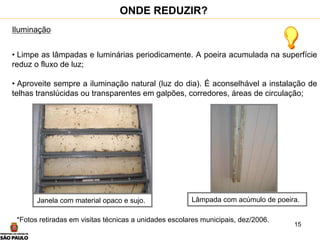 15
Iluminação
• Limpe as lâmpadas e luminárias periodicamente. A poeira acumulada na superfície
reduz o fluxo de luz;
• Aproveite sempre a iluminação natural (luz do dia). É aconselhável a instalação de
telhas translúcidas ou transparentes em galpões, corredores, áreas de circulação;
ONDE REDUZIR?
*Fotos retiradas em visitas técnicas a unidades escolares municipais, dez/2006.
Janela com material opaco e sujo. Lâmpada com acúmulo de poeira.
 