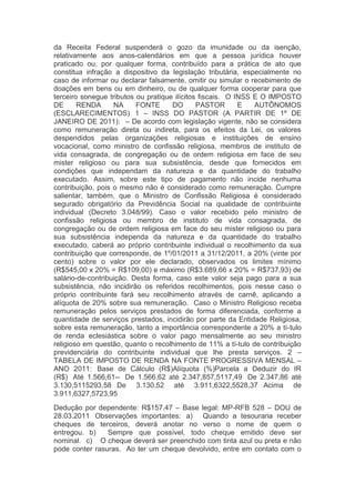 da Receita Federal suspenderá o gozo da imunidade ou da isenção,
relativamente aos anos-calendários em que a pessoa jurídica houver
praticado ou, por qualquer forma, contribuído para a prática de ato que
constitua infração a dispositivo da legislação tributária, especialmente no
caso de informar ou declarar falsamente, omitir ou simular o recebimento de
doações em bens ou em dinheiro, ou de qualquer forma cooperar para que
terceiro sonegue tributos ou pratique ilícitos fiscais.  O INSS E O IMPOSTO
DE RENDA NA FONTE DO PASTOR E AUTÔNOMOS
(ESCLARECIMENTOS)  1 – INSS DO PASTOR (A PARTIR DE 1º DE
JANEIRO DE 2011):  – De acordo com legislação vigente, não se considera
como remuneração direta ou indireta, para os efeitos da Lei, os valores
despendidos pelas organizações religiosas e instituições de ensino
vocacional, como ministro de confissão religiosa, membros de instituto de
vida consagrada, de congregação ou de ordem religiosa em face de seu
mister religioso ou para sua subsistência, desde que fornecidos em
condições que independam da natureza e da quantidade do trabalho
executado. Assim, sobre este tipo de pagamento não incide nenhuma
contribuição, pois o mesmo não é considerado como remuneração. Cumpre
salientar, também, que o Ministro de Confissão Religiosa é considerado
segurado obrigatório da Previdência Social na qualidade de contribuinte
individual (Decreto 3.048/99). Caso o valor recebido pelo ministro de
confissão religiosa ou membro de instituto de vida consagrada, de
congregação ou de ordem religiosa em face do seu mister religioso ou para
sua subsistência independa da natureza e da quantidade do trabalho
executado, caberá ao próprio contribuinte individual o recolhimento da sua
contribuição que corresponde, de 1º/01/2011 a 31/12/2011, a 20% (vinte por
cento) sobre o valor por ele declarado, observados os limites mínimo
(R$545,00 x 20% = R$109,00) e máximo (R$3.689,66 x 20% = R$737,93) de
salário-de-contribuição. Desta forma, caso este valor seja pago para a sua
subsistência, não incidirão os referidos recolhimentos, pois nesse caso o
próprio contribuinte fará seu recolhimento através de carnê, aplicando a
alíquota de 20% sobre sua remuneração.  Caso o Ministro Religioso receba
remuneração pelos serviços prestados de forma diferenciada, conforme a
quantidade de serviços prestados, incidirão por parte da Entidade Religiosa,
sobre esta remuneração, tanto a importância correspondente a 20% a tí-tulo
de renda eclesiástica sobre o valor pago mensalmente ao seu ministro
religioso em questão, quanto o recolhimento de 11% a tí-tulo de contribuição
previdenciária do contribuinte individual que lhe presta serviços.  2 –
TABELA DE IMPOSTO DE RENDA NA FONTE PROGRESSIVA MENSAL –
ANO 2011:  Base de Cálculo (R$)Alíquota (%)Parcela a Deduzir do IR
(R$)  Até 1.566,61--  De 1.566,62 até 2.347,857,5117,49  De 2.347,86 até
3.130,5115293,58  De 3.130,52 até 3.911,6322,5528,37  Acima de
3.911,6327,5723,95
Dedução por dependente: R$157,47 – Base legal: MP-RFB 528 – DOU de
28.03.2011  Observações importantes:  a) Quando a tesouraria receber
cheques de terceiros, deverá anotar no verso o nome de quem o
entregou.  b) Sempre que possível, todo cheque emitido deve ser
nominal.  c) O cheque deverá ser preenchido com tinta azul ou preta e não
pode conter rasuras.  Ao ter um cheque devolvido, entre em contato com o
 