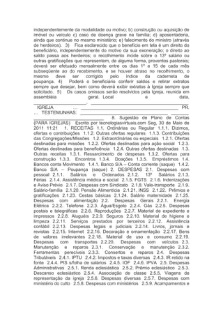 independentemente da modalidade ou motivo; b) construção ou aquisição de
imóvel ou veículo c) caso de doença grave na família; d) aposentadoria,
ainda que continue no mesmo ministério; e) falecimento do ministro (através
de herdeiros).  3) Fica esclarecido que o benefício em tela é um direito do
beneficiário, independentemente do motivo da sua exoneração; o direito ao
saldo passa aos herdeiros; o recolhimento incide sobre o 13º salário ou
outras gratificações que representem, de alguma forma, proventos pastorais;
deverá ser efetuado mensalmente entre os dias 1º e 15 de cada mês
subseqüente ao do recebimento, e se houver atraso no recolhimento, o
mesmo deve ser corrigido pelo índice da caderneta de
poupança.  4) Poderá o beneficiário conferir saldos e retirar extratos
sempre que desejar, bem como deverá exibir extratos à Igreja sempre que
solicitado.  5) Os casos omissos serão resolvidos pela Igreja, reunida em
assembléia geral.  Local e data,
_____________________.  _______________________________________
  IGREJA …  _______________________________________  PR.
…  TESTEMUNHAS:  ___________________________________  _______
____________________________    8. Sugestão de Plano de Contas
(PARA IGREJAS)   Escrito por tecnologiasvirtuais.com Seg, 30 de Maio de
2011 11:21   1. RECEITAS  1.1. Ordinárias ou Regular  1.1.1. Dízimos,
ofertas e contribuições  1.1.2. Outras ofertas regulares  1.1.3. Contribuições
das Congregações/Missões  1.2. Extraordinárias ou especiais  1.2.1. Ofertas
destinadas para missões  1.2.2. Ofertas destinadas para ação social  1.2.3.
Ofertas destinadas para beneficência  1.2.4. Outras ofertas destinadas  1.3.
Outras receitas  1.3.1. Ressarcimento de despesas  1.3.2. Ofertas para
construção  1.3.3. Encontros  1.3.4. Doações  1.3.5. Empréstimos  1.4.
Bancos conta Movimento  1.4.1. Banco S/A – Conta corrente (saque)  1.4.2.
Banco S/A – Poupança (saque)  2. DESPESAS  2.1. Despesas com
pessoal  2.1.1. Salários e Ordenados  2.1.2. 13º Salários  2.1.3.
Férias  2.1.4. Assistência médica e social  2.1.5. FGTS  2.1.6. Indenizações
e Aviso Prévio  2.1.7. Despesas com Sindicato  2.1.8. Vale-transporte  2.1.9.
Salário-família  2.1.20. Pensão Alimentícia  2.1.21. INSS  2.1.22. Prêmios e
gratificações  2.1.23. Cestas básicas  2.1.24. Salário maternidade  2.1.25.
Despesas com alimentação  2.2. Despesas Gerais  2.2.1. Energia
Elétrica  2.2.2. Telefone  2.2.3. Água/Esgoto  2.2.4. Gás  2.2.5. Despesas
postais e telegráficas  2.2.6. Reproduções  2.2.7. Material de expediente e
impressos  2.2.8. Aluguéis  2.2.9. Seguros  2.2.10. Material de higiene e
limpeza  2.2.11. Serviços prestados por terceiros  2.2.12. Assistência
contábil  2.2.13. Despesas legais e judiciais  2.2.14. Livros, jornais e
revistas  2.2.15. Internet  2.2.16. Decoração e ornamentação  2.2.17. Bens
de valores irrelevantes  2.2.18. Material de uso e consumo  2.2.19.
Despesas com transportes  2.2.20. Despesas com veículos  2.3.
Manutenção e reparos  2.3.1. Conservação e manutenção  2.3.2.
Ferramentas perecíveis  2.3.3. Consertos e reparos  2.4. Despesas
Tributáveis  2.4.1. IPTU  2.4.2. Impostos e taxas diversas  2.4.3. IR retido na
fonte  2.4.4. PIS s/folha de salários  2.4.5. IOF  2.4.6. IPVA  2.5. Despesas
Administrativas  2.5.1. Renda eclesiástica  2.5.2. Prêmio eclesiástico  2.5.3.
Descanso eclesiástico  2.5.4. Associação de classe  2.5.5. Viagens de
representação da igreja  2.5.6. Despesas diversas  2.5.7. Despesas com
ministério do culto  2.5.8. Despesas com ministérios  2.5.9. Acampamentos e
 