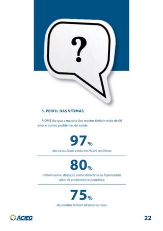 5. PERFIL DAS VÍTIMAS
A OMS diz que a maioria dos mortos tinham mais de 60
anos e outros problemas de saúde.
dos casos fatais estão em Hubei, na China;
tinham outras doenças, como diabetes e ou hipertensão,
além de problemas respiratórios;
dos mortos tinham 60 anos ou mais.
97%
80%
75%
22
 