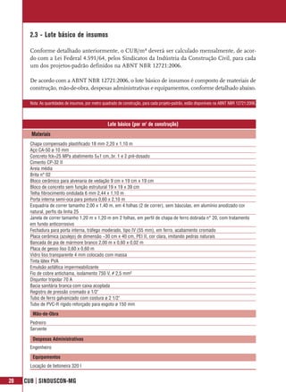 2.3 - Lote básico de insumos

       Conforme detalhado anteriormente, o CUB/m² deverá ser calculado mensalmente, de acor-
       do com a Lei Federal 4.591/64, pelos Sindicatos da Indústria da Construção Civil, para cada
       um dos projetos-padrão definidos na ABNT NBR 12721:2006.

       De acordo com a ABNT NBR 12721:2006, o lote básico de insumos é composto de materiais de
       construção, mão-de-obra, despesas administrativas e equipamentos, conforme detalhado abaixo.

       Nota: As quantidades de insumos, por metro quadrado de construção, para cada projeto-padrão, estão disponíveis na ABNT NBR 12721:2006.




                                                     Lote básico (por m2 de construção)
       Materiais
       Chapa compensado plastificado 18 mm 2,20 x 1,10 m
       Aço CA-50 ø 10 mm
       Concreto fck=25 MPa abatimento 5±1 cm,.br. 1 e 2 pré-dosado
       Cimento CP-32 II
       Areia média
       Brita n° 02
       Bloco cerâmico para alvenaria de vedação 9 cm x 19 cm x 19 cm
       Bloco de concreto sem função estrutural 19 x 19 x 39 cm
       Telha fibrocimento ondulada 6 mm 2,44 x 1,10 m
       Porta interna semi-oca para pintura 0,60 x 2,10 m
       Esquadria de correr tamanho 2,00 x 1,40 m, em 4 folhas (2 de correr), sem básculas, em alumínio anodizado cor
       natural, perfis da linha 25
       Janela de correr tamanho 1,20 m x 1,20 m em 2 folhas, em perfil de chapa de ferro dobrada n° 20, com tratamento
       em fundo anticorrosivo
       Fechadura para porta interna, tráfego moderado, tipo IV (55 mm), em ferro, acabamento cromado
       Placa cerâmica (azulejo) de dimensão ~30 cm x 40 cm, PEI II, cor clara, imitando pedras naturais
       Bancada de pia de mármore branco 2,00 m x 0,60 x 0,02 m
       Placa de gesso liso 0,60 x 0,60 m
       Vidro liso transparente 4 mm colocado com massa
       Tinta látex PVA
       Emulsão asfáltica impermeabilizante
       Fio de cobre antichama, isolamento 750 V, # 2,5 mm²
       Disjuntor tripolar 70 A
       Bacia sanitária branca com caixa acoplada
       Registro de pressão cromado ø 1/2"
       Tubo de ferro galvanizado com costura ø 2 1/2"
       Tubo de PVC-R rígido reforçado para esgoto ø 150 mm

        Mão-de-Obra
       Pedreiro
       Servente

        Despesas Administrativas
       Engenheiro

        Equipamentos
       Locação de betoneira 320 l


28   CUB | SINDUSCON-MG
 