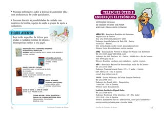 Cartilha do Cuidador de Idosos Cartilha do Cuidador de Idosos 1312
INTITUIÇÕES VOLTADAS
AO CUIDADO DO IDOSO QUE PODEM
AUXILIAR O TRABALHO DO CUIDADOR
TELEfONES ÚTEIS E
ENDEREÇOS ELETRÔNICOS
ABRAZ RJ– Associação Brasileira de Alzheimer
Regional Rio de Janeiro
Tels: (21) 2717­6868/(21) 2717­6093
Endereço: Avenida Jansen de Melo 208 ­ Centro
24030­221 ­ Niterói
Site: www.abrazrj.com.br E­mail: abrazrj@gmail.com
Oferece: Curso de cuidadores e outros eventos.
APAZ - Associação de Parentes e Amigos de Pessoas com Alzheimer
Tel: (21) 2223­0440/ (21) 2518­1410
Endereço: Av. Mal. Floriano, 65 – Centro ­ 20080­004 – Rio de Janeiro
Site: www.apaz.org.br
Oferece: Reuniões regulares com cuidadores e outros eventos.
ANG – Associação Nacional de Gerontologia Seção Rio de Janeiro
Tel: (21) 2210­1050
Endereço: Travessa General Justo, 275 – 5º andar – Castelo
CEP: 20021-130 – Rio de Janeiro
e­mail: Ang­rj@uol.com.br
EPSJV – Escola Politécnica de Saúde Joaquim Venâncio
Tel: (21) 2598­4242
Endereço: Av. Brasil, 4365 – Manguinhos
21040­360 – Rio de Janeiro
Oferece: Curso de cuidadores.
Instituto Geriátrico Miguel Pedro
Tel: (21) 2568­8275
Endereço: Boulevard 28 de Setembro, 109 - Vila Isabel
20551­030 – Rio de Janeiro
Oferece: Tratamento clínico e ambulatorial, curso para cuidadores e
outros eventos voltados para a terceira idade.
• Procurar informações sobre a Doença de Alzheimer (DA)
com profissionais de saúde qualificados.
• Procurar discutir as possibilidades de cuidado com
membros da família, equipe de saúde e grupos de apoio a
cuidadores.
fIQUE ATENTO
ORIENTAÇÕES PARA CUIDADORES INFORMAIS
NA ASSISTÊNCIA DOMICILIAR
AUTORES: ERNESTA FERREIRA DIAS E JAMIRO SILVA WANDERLEI
EDITORA: UNICAMP
DOENÇA DE ALZHEIMER
AUTOR: LEONARDO CAIXETA
EDITORA: ARTMED
2012
IDOSOS, FAMILIA E CULTURA
UM ESTUDO SOBRE A CONSTRUÇAO DO PAPEL
DO CUIDADOR
COLEÇÃO: VELHICE E SOCIEDADE
AUTOR: SILVIA MARIA AZEVEDO DOS SANTOS
EDITORA: ALINEA
IDOSOS ACAMADOS,
CUIDADOS DOMICILIARES
AUTOR: NORTON SAYEG
EDITORA: GIZ EDITORIAL
SAÚDE DO IDOSO - A ARTE DE CUIDAR
AUTOR: CÉLIA PEREIRA CALDAS
CUIDAR MELHOR E EVITAR A VIOLÊNCIA -
MANUAL DO CUIDADOR DA PESSOA IDOSA
ORGANIZADORA: TOMIKO BORN
BRASÍLIA, 2008
ORIENTAÇÕES PARA CUIDADORES INFORMAIS
NA ASSISTÊNCIA DOMICILIAR
AUTORES:
EDITORA: UNICAMP
DOENÇA DE ALZHEIMER
AUTOR: LEONARDO CAIXETA
EDITORA: ARTMED
2012
IDOSOS, FAMILIA E CULTURAIDOSOS, FAMILIA E CULTURA
UM ESTUDO SOBRE A CONSTRUÇAO DO PAPEL
DO CUIDADOR
COLEÇÃO: VELHICE E SOCIEDADE
AUTOR: SILVIA MARIA AZEVEDO DOS SANTOS
EDITORA: ALINEA
IDOSOS ACAMADOS,
CUIDADOS DOMICILIARES
AUTOR: NORTON SAYEG
EDITORA: GIZ EDITORIAL
SAÚDE DO IDOSO - A ARTE DE CUIDAR
Aqui estão sugestões de leitura para
ajudar o cuidador familiar de idosos a
desempenhar melhor o seu papel.
SAÚDE DO IDOSO - A ARTE DE CUIDAR
AUTOR: CÉLIA PEREIRA CALDAS
 