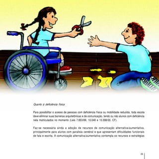 O acesso de alunos com deficiência às escolas e classes comuns da rede regular




Quanto à deficiência física

Para possibilitar o acesso de pessoas com deficiência física ou mobilidade reduzida, toda escola
deve eliminar suas barreiras arquitetônicas e de comunicação, tendo ou não alunos com deficiência
nela matriculados no momento (Leis 7.853/89, 10.048 e 10.098/00, CF).

Faz-se necessária ainda a adoção de recursos de comunicação alternativa/aumentativa,
principalmente para alunos com paralisia cerebral e que apresentam dificuldades funcionais
de fala e escrita. A comunicação alternativa/aumentativa contempla os recursos e estratégias




                                                                                                                  25
 