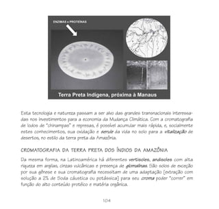 104
Esta tecnologia e natureza passam a ser alvo das grandes transnacionais interessa-
das nos investimentos para a economia da Mudança Climática. Com a cromatografia
de lodos de “chinampas” e represas, é possível acumular mais rápida, e, socialmente
estes conhecimentos, sua oxidação e serule da vida no solo para a vitalização de
desertos, no estilo da terra preta da Amazônia.
CROMATOGRAFIA DA TERRA PRETA DOS ÍNDIOS DA AMAZÔNIA
Da mesma forma, na Latinoamérica há diferentes vertisoles, andisoles com alta
riqueza em argilas, cinzas vulcânicas e presença de glomalinas. São solos de exceção
por sua gênese e sua cromatografia necessitam de uma adaptação [extração com
solução a 2% de Soda cáustica ou potássica] para seu croma poder “correr” em
função do alto conteúdo protéico e matéria orgânica.
 