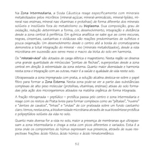 52
Na Zona Intermediaria, a Soda Cáustica reage especificamente com minerais
metabolizados pelos micróbios (mineral-açúcar, mineral-aminoácido, mineral-lipídeo, mi-
neral nas enzimas, mineral nas vitaminas e proteínas) de forma diferente dos minerais
solúveis e insolúveis fora do metabolismo ou bioplasma. Sua composição, grau de
oxidação, redução determinam a forma, cor, desenvolvimento, integração e distância
desde a zona central à periférica. Em química analítica se sabe que as cores escuras,
negras, cinzentas, castanhas e violáceas são reações predominantes de sulfetos e
pouca oxigenação. Um desenvolvimento desde o centro até a borda do cromatograma
demonstra a total integração do mineral - vivo (minerais metabolizados), desde a vida
microbiana em sucessão aos seres meso e macro da biota do solo em harmonia.
Os “minerais-vivos” são dotados de carga elétrica e magnetismo. Nesta região se observa
uma grande quantidade de minúsculas “pontas de flechas”, superpostas desde a zona
central em direção à extremidade da zona externa. Quanto maior diversidade e harmonia
nesta zona e integração com as outras, maior é a saúde e qualidade de vida neste solo.
Ultrapassada a zona impregnada com prata, a solução alcalina desloca-se sobre o papel
filtro para formar a Zona Externa. Nesta zona pode-se ver a parte das substâncias
complexas de alto peso molecular (proteínas, vitaminas, enzimas) ativas do solo forma-
das pela ação dos microrganismos ativados na matéria orgânica de forma integrada.
A fração nitrogenada – peptídico – protêica passa pelo centro e zona intermediaria e
reage com os restos de Prata livres para formar complexos como as “pétalas”, “nuvens”
e “dentes de cavalos”, “linhas” e “ondas” de cor prateada sobre um fundo castanho
claro. Vemos, nesta zona, a biodiversidade microbiana através de sua biossíntese protêica
e polipeptídios solúveis da vida no solo.
Quanto mais diversa for a vida no solo, maior a presença de membranas que ultrapas-
sam a zona intermediaria e chega a esta com picos diferentes e variados. Esta é a
zona onde os componentes do húmus expressam sua presencia, através de suas res-
pectivas frações: ácido fúlvico, ácido húmico e ácido himatomelânico.
 