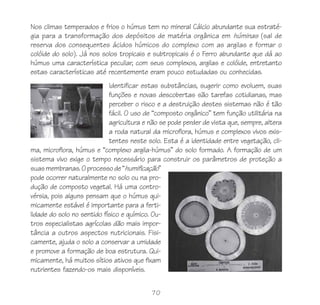 70
Nos climas temperados e frios o húmus tem no mineral Cálcio abundante sua estraté-
gia para a transformação dos depósitos de matéria orgânica em húminas (sal de
reserva dos consequentes ácidos húmicos do complexo com as argilas e formar o
colóide do solo). Já nos solos tropicais e subtropicais é o Ferro abundante que dá ao
húmus uma característica peculiar, com seus complexos, argilas e colóide, entretanto
estas características até recentemente eram pouco estudadas ou conhecidas.
Identificar estas substâncias, sugerir como evoluem, suas
funções e novas descobertas são tarefas cotidianas, mas
perceber o risco e a destruição destes sistemas não é tão
fácil. O uso de “composto orgânico” tem função utilitária na
agricultura e não se pode perder de vista que, sempre, altera
a roda natural da microflora, húmus e complexos vivos exis-
tentes neste solo. Esta é a identidade entre vegetação, cli-
ma, microflora, húmus e “complexo argila-húmus” do solo formado. A formação de um
sistema vivo exige o tempo necessário para construir os parâmetros de proteção a
suasmembranas.Oprocessode“humificação”
pode ocorrer naturalmente no solo ou na pro-
dução de composto vegetal. Há uma contro-
vérsia, pois alguns pensam que o húmus qui-
micamente estável é importante para a ferti-
lidade do solo no sentido físico e químico. Ou-
tros especialistas agrícolas dão mais impor-
tância a outros aspectos nutricionais. Fisi-
camente, ajuda o solo a conservar a umidade
e promove a formação de boa estrutura. Qui-
micamente, há muitos sítios ativos que fixam
nutrientes fazendo-os mais disponíveis.
 