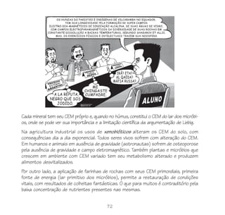 72
Cada mineral tem seu CEM próprio e, quando no húmus, constitui o CEM do lar dos micróbi-
os, onde se pode ver sua importância e a limitação científica da argumentação de Liebig.
Na agricultura industrial os usos de xenobióticos alteram os CEM do solo, com
consequências dia a dia exponencial. Todos seres vivos sofrem com alteração do CEM.
Em humanos e animais em ausência de gravidade (astronautas) sofrem de osteoporose
pela ausência de gravidade e campo eletromagnético. Também plantas e micróbios que
crescem em ambiente com CEM variado tem seu metabolismo alterado e produzem
alimentos desvitalizados.
Por outro lado, a aplicação de farinhas de rochas com seus CEM primordiais, primeira
fonte de energia (lar primitivo dos micróbios), permite a restauração de condições
vitais, com resultados de colheitas fantásticas. O que para muitos é contraditório pela
baixa concentração de nutrientes presentes nas mesmas.
 
