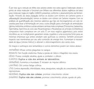 94
É por isso que o estudo do efeito dos adubos verdes nos solos agora é elaborado desde o
ponto de vista molecular e funcional com ênfase nos diferentes ácidos orgânicos de baixo
peso molecular (sigla em inglês: LMWOA) presentes conforme o desenvolvimento da fermen-
tação. Através da beta oxidação, temos os ácidos com número de Carbono pares e
alfaoxidação (decarboxilação) temos os ácidos com número de Carbono impares. Com os
análises de quantificação dos mesmos sabemos que tipo de microrganismos um solo ne-
cessita para levar a fermentação em uma o outra direção para a formação de aminoácidos
(glicina,metionina,ornitinaeoutrasamidaseaminasmaiscomplexas(Putrescina,Cadaverina,
Spermidina, Spermina do ciclo das fitoanticipinas e fitoalexinas do princípio trofobiótico)
compostos mais complexos em um solo. É um novo negócio gigantesco, pois estes
micróbios ao, se multiplicarem garantem renda, royalties e uma economia forte para as
mesmas empresas que antes vendiam sais químicas ou venenos. Também provocam
impacto nas membranas por seu alto conteúdo de energia livre. Aumentam a necessi-
dade de água (stress hídrico) e alteram o eletromagnetismo dos seres vivos.
Os traços e subtraços dos lantanídeos e outros elementos podem ser vistos abaixo:
ANTIMÔNIO: Eficaz contra plaquetas no sangue.
BISMUTO: Tem função endócrina. Reduz a perda de Cálcio e Magnésio nos ossos.
CÉSIO: Produz condição alcalina, ajuda a combater o câncer.
EUROPIO: Duplica a vida dos animais de laboratórios.
GERMÂNIO: Aumenta a imunidade. É iniciador do impulso elétrico.
LANTÂNIO: Útil contra fatiga crônica.
LÍTIO: Contra depressão, infertilidade, raiva, desajustes, redução do crescimento, falhas
reprodutivas.
NEODÍMIO: Duplica vida das cobaias, promove crescimento celular.
SAMÁRIO: Duplica vida das cobaias, promove crescimento celular, queda do pelo.
 