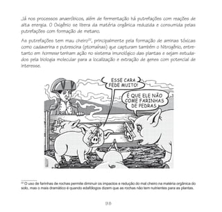 98
Já nos processos anaeróbicos, além de fermentação há putrefações com reações de
alta energia. O Oxigênio se libera da matéria orgânica reduzida e consumida pelas
putrefações com formação de metano.
As putrefações tem mau cheiro22
, principalmente pela formação de aminas tóxicas
como cadaverina e putrescina (ptomaínas) que capturam também o Nitrogênio, entre-
tanto em hormese tenham ação no sistema imunológico das plantas e sejam estuda-
dos pela biologia molecular para a localização e extração de genes com potencial de
interesse.
22
O uso de farinhas de rochas permite diminuir os impactos e redução do mal cheiro na matéria orgânica do
solo, mas o mais dramático é quando edafólogos dizem que as rochas não tem nutrientes para as plantas.
 