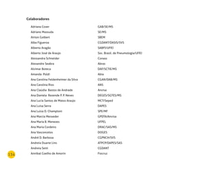 134
Colaboradores
Adriana Coser GAB/SE/MS
Adriano Massuda SE/MS
Airton Golbert SBEM
Alba Figueroa CGDANT/DASIS/SVS
Alberto Aragão SABPJ/UFRJ
Alberto José de Araujo Soc. Brasil. de Pneumologia/UFRJ
Alessandra Schneider Conass
Alexandre Seabra Abras
Alvimar Boteca DAF/SCTIE/MS
Amanda Poldi Abia
Ana Carolina Feldenheimer da Silva CGAN/DAB/MS
Ana Carolina Rios ANS
Ana Claúdia Bastos de Andrade Anvisa
Ana Daniela Rezende P. P. Neves DEGES/SGTES/MS
Ana Lucia Santos de Matos Araujo MCT/Seped
Ana Luisa Serra DAPES
Ana Luiza O. Champloni SPE/MF
Ana Marcia Messeder GPDTA/Anvisa
Ana Maria B. Menezes UFPEL
Ana Maria Cordeiro DRAC/SAS/MS
Ana Vasconcelos DOGES
André D. Barbosa CGPNCH/SVS
Andreia Duarte Lins ATPCP/DAPES/SAS
Andreia Setti CGDANT
Annibal Coelho de Amorin Fiocruz
 