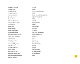 137
Fernanda B. O. Farias SES/DF
Fernanda Frade CGPAE
Fernando Barros SVS/MS/DSAST/CGVAM
Fernando Maximo ME/SE
Francisco Cordeiro Saúde Mental/DAPES/SAS/MS
Gisele Bortolini CGAN/DAB/SAS/MS
Glauco Oliveira OPAS
Guilherme E. Almeida ACT BR
Guilherme Franco Netto DSAST/SVS/MS
Gustavo Gusso SBMLC
Heider Pinto DAB/SAS/MS
Helena Ferreira DES/SCTIE
Helena Luna Ferreira SCTIE/MS
Hermelinda Pedrosa Soc. Brasil. de Diabetes
Ione Maria Fonseca de Melo CNHD/DAB/SAS/MS
Indiara Meira Gonçalves AISA/MS
Isabel Cristina Aids
Isabella Henrigues Inst. Alana
Ivanildo Franzosi SAG/Casa Civil
Janaina G. B. Fagundes CGDANT/SAS/MS
Jarbas Barbosa SVS/MS
Jeann Marie Maralin SVS/MS
Jeanne Michel DHR/SESU/MEC
Jorge Francisco Kell CGDANT/SVS/MS
José Eudes Barroso Viera CGAN/DAB/SAS
Jose Getulio Martins Segalla ABRC
José Luiz Fonseca
 