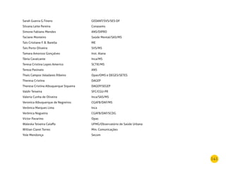 141
Sarah Guerra G.Tinero GEDANT/SVS/SES-DF
Silvana Leite Pereira Conasems
Simone Fabiano Mendes ANS/DIPRO
Taciane Monteiro Saúde Mental/SAS/MS
Tais Cristiane F. B. Barella ME
Tais Porto Oliveira SVS/MS
Tamara Amoroso Gonçalves Inst. Alana
Tânia Cavalcante Inca/MS
Teresa Cristina Lopes Americo SCTIE/MS
Tereza Pasinato ANS
Thais Campos Valadares Ribeiro Opas/OMS e DEGES/SETES
Theresa Cristina DAGEP
Theresa Cristina Albuquerque Siqueira DAGEP/SEGEP
Valdir Teixeira SFC/CGU-PR
Valeria Cunha de Oliveira Inca/SAS/MS
Veronica Albuquerque de Negreiros CGAFB/DAF/MS
Verônica Marques Lima Inca
Verônica Nogueira CGAFB/DAF/SCDG
Victor Pavarino Opas
Waleska Teixeira Caiaffa UFMG/Observatório de Saúde Urbana
Willian Claret Torres Min. Comunicações
Yole Mendonça Secom
 
