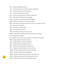 144
IMC - Índice de Massa Corporal
Inan - Instituto Nacional de Alimentação e Nutrição
INC - Instituto Nacional de Cardiologia
Inca - Instituto Nacional do Câncer
Ipea - Instituto de Pesquisa Econômica Aplicada
MCT - Ministério da Ciência e Tecnologia
MDA - Ministério do Desenvolvimento Agrário
MDM - Metas de Desenvolvimento do Milênio
MDS - Ministério do Desenvolvimento Social e Combate à Fome
ME - Ministério do Esporte
MEC - Ministério da Educação
MinC - Ministério da Cultura
MPA - Ministério da Pesca e Aquicultura
MPOG - Ministério do Planejamento, Orçamento e Gestão
MS - Ministério da Saúde
Nucom/MS - Núcleo de Comunicação do Ministério da Saúde
OMS - Organização Mundial da Saúde
ONG - Organização Não Governamental
ONU - Organização das Nações Unidas
PAA - Programa de Aquisição de Alimentos
PAC - Programa de Aceleração do Crescimento
PeNSE - Pesquisa Nacional de Saúde do Escolar
PETab - Pesquisa Especial de Tabagismo
PNAD - Pesquisa Nacional por Amostra de Domicílios
PNAE - Programa Nacional de Alimentação Escolar
PNPS - Política Nacional de Promoção da Saúde
 