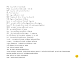 145
PNS - Pesquisa Nacional de Saúde
PNSN - Pesquisa Nacional de Saúde e Nutrição
POF - Pesquisas de Orçamentos Familiares
PP - Ponto Percentual
PSE - Programa Saúde na Escola
RCBP - Registros de Câncer de Base Populacional
RHC - Registros Hospitalares de Câncer
Samu - Serviço Ambulatorial Médico de Urgência
SCTIE - Secretaria de Ciência, Tecnologia e Insumos Estratégicos
Secom/PR - Secretaria de Comunicação da Presidência da República
SEDH - Secretaria Especial de Direitos Humanos
SES - Secretarias Estaduais de Saúde
Sesai - Secretaria Especial de Saúde Indígena
SGEP - Secretaria de Gestão Estratégica e Participativa
SIA-SUS - Sistema de Informações Ambulatoriais do SUS
SIM - Sistema de Informações sobre Mortalidade
Siscolo - Sistema de Informação do Câncer de Colo do Útero
Sismama - Sistema de Informação do Câncer de Mama
Sisvan - Sistema de Vigilância Alimentar e Nutricional
SMS - Secretarias Municipais de Saúde
SUS - Sistema Único de Saúde
SVS - Secretaria de Vigilância em Saúde
Vigitel - Inquérito Domiciliar sobre Comportamento de Risco e Morbidade Referida de Agravos não Transmissíveis
Rename - Relação Nacional de Medicamentos Essenciais
UPA - Unidade de Pronto Atendimento
WHO - World Health Organization
 