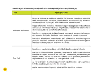 86
Setor Ações propostas
Ministério da Fazenda
Propor e fomentar a adoção de medidas fiscais como redução de impostos,
taxas e aumento dos subsídios, visando à redução dos preços dos alimentos
saudáveis (frutas, hortaliças), a fim de estimular o seu consumo.
Propor e fomentar iniciativas intersetoriais para a adoção de medidas fiscais,
como taxas, subsídios e tributação simplificada, para estimular o consumo de
alimentos saudáveis, como frutas e hortaliças.
Fortalecer a implementação da política de preços e de aumento de impostos
dos produtos derivados do tabaco, com o objetivo de reduzir o consumo.
Fortalecer mecanismos intersetoriais para combate ao mercado ilegal de
produtos derivados do tabaco e ratificar o protocolo sobre a eliminação de
mercado ilícito de produtos derivados do tabaco.
Casa Civil
Fortalecer a regulamentação da publicidade de alimentos na infância.
Fortalecer o mecanismo de governança intersetorial da Política Nacional de
Controle do Tabaco (Comissão Nacional para Implementação da Convenção-
Quadro para o Controle do Tabaco – CONICQ) e o da governança setorial da
implementação das ações da CQCT na agenda de saúde.
Apoiar os projetos de lei que regulamentam a publicidade e a propaganda de
bebidas alcoólicas, em especial das cervejas.
Apoiar o aumento dos impostos sobre bebidas alcoólicas e tabaco.
Quadro 6: Ações intersetoriais para a promoção da saúde e prevenção de dCnT (continuação)
 