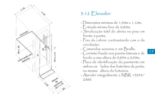 3.12 Elevador

- Dimensões mínimas de 1,40m x 1,10m;
- Entrada mínima livre de 0,80m;
- Sinalização tátil de alerta no piso em
  frente à porta;
- Piso da cabine contrastando com o da
  circulação;
- Comandos sonoros e em Braille;
                                              29
- Corrimão fixado nos painéis laterais e de
  fundo a uma altura de 0,89m a 0,90m;
- Placa de identificação do pavimento em
  ambos os lados dos batentes da porta,
  na mesma altura da botoeira;
- Atender integralmente a NBR 13994/
  2000.
 