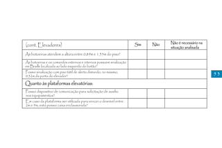 Não é necessário na
(cont. Elevadores)                                                   Sim   Não
                                                                                 situação analisada
As botoeiras atendem a altura entre 0,89m e 1,35m do piso?
As botoeiras e os comandos externos e internos possuem sinalização
em Braille localizada ao lado esquerdo do botão?
Possui sinalização com piso tátil de alerta distando, no máximo,                                       53
0,32m da porta do elevador?

Quanto às plataformas elevatórias:
Possui dispositivo de comunicação para solicitação de auxílio
nos equipamentos?
Em caso da plataforma ser utilizada para vencer o desnível entre
2m e 9m, esta possui caixa enclausurada?
 