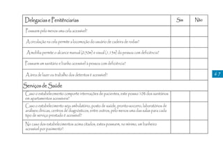 Delegacias e Penitênciarias                                                                     Sim   Não

 Possuem pelo menos uma cela acessível?

 A circulação na cela permite a locomoção do usuário de cadeira de rodas?

 A mobília permite o alcance manual (0,50m) e visual (1,15m) da pessoa com deficiência?

Possuem um sanitário e banho acessível à pessoa com deficiência?

 A área de lazer ou trabalho dos detentos é acessível?                                                      67

Serviços de Saúde
 Caso o estabelecimento comporte internações de pacientes, este possui 10% dos sanitários
 em apartamentos acessíveis?
 Caso o estabelecimento seja ambulatório, posto de saúde, pronto-socorro, laboratórios de
 análises clínicas, centros de diagnósticos, entre outros, pelo menos uma das salas para cada
 tipo de serviço prestado é acessível?
 No caso dos estabelecimentos acima citados, estes possuem, no mínimo, um banheiro
 acessível por pavimento?
 
