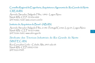 Conselho Regional de Engenharia, Arquitetura e Agronomia do Rio Grande do Norte
CREA-RN
Avenida Senador Salgado Filho, 1840 - Lagoa Nova
Natal- RN - CEP: 59.056-000
(84) 4006-7200 www.crearn.com.br

Instituto de Arquitetos do Brasil - IAB-RN
Avenida Senador Salgado Filho, 2190 - Portugal Center, Loja 01, Lagoa Nova
Natal- RN - CEP 59.075-000.                                                       77
(84) 3206-5682 www.iabrn.gov.br

Sindicato dos Técnicos Industriais do Rio Grande do Norte
SINTEC-RN
Rua Gonçalves Lêdo - Cidade Alta, 845 sala 03
Natal- RN - CEP:59025-330
(84) 3222-4383
 