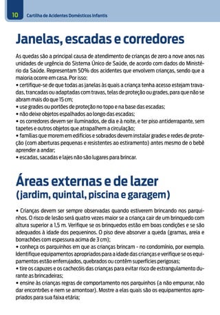 Cartilha de Acidentes Domésticos Infantis10
Janelas, escadas e corredores
As quedas são a principal causa de atendimento de crianças de zero a nove anos nas
unidades de urgência do Sistema Único de Saúde, de acordo com dados do Ministé-
rio da Saúde. Representam 50% dos acidentes que envolvem crianças, sendo que a
maioria ocorre em casa. Por isso:
• certifique-se de que todas as janelas às quais a criança tenha acesso estejam trava-
das,trancadas ou adaptadas com travas,telas de proteção ou grades,para que não se
abram mais do que 15 cm;
• use grades ou portões de proteção no topo e na base das escadas;
• não deixe objetos espalhados ao longo das escadas;
• os corredores devem ser iluminados, de dia e à noite, e ter piso antiderrapante, sem
tapetes e outros objetos que atrapalhem a circulação;
• famílias que morem em edifícios e sobrados devem instalar grades e redes de prote-
ção (com aberturas pequenas e resistentes ao estiramento) antes mesmo de o bebê
aprender a andar;
• escadas, sacadas e lajes não são lugares para brincar.
Áreas externas e de lazer
(jardim, quintal, piscina e garagem)
• Crianças devem ser sempre observadas quando estiverem brincando nos parqui-
nhos. O risco de lesão será quatro vezes maior se a criança cair de um brinquedo com
altura superior a 1,5 m. Verifique se os brinquedos estão em boas condições e se são
adequados à idade dos pequeninos. O piso deve absorver a queda (gramas, areia e
borrachões com espessura acima de 3 cm);
• conheça os parquinhos em que as crianças brincam - no condomínio, por exemplo.
Identifique equipamentos apropriados para a idade das crianças e verifique se os equi-
pamentos estão enferrujados, quebrados ou contêm superfícies perigosas;
• tire os capuzes e os cachecóis das crianças para evitar risco de estrangulamento du-
rante as brincadeiras;
• ensine às crianças regras de comportamento nos parquinhos (a não empurrar, não
dar encontrões e nem se amontoar). Mostre a elas quais são os equipamentos apro-
priados para sua faixa etária;
 