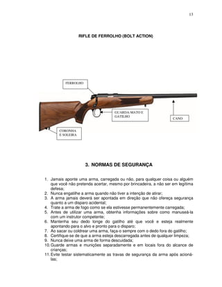 13




                   RIFLE DE FERROLHO (BOLT ACTION)




           FERROLHO




                                     GUARDA-MATO E
                                     GATILHO
                                                                    CANO


       CORONHA
       E SOLEIRA




                      3. NORMAS DE SEGURANÇA

1. Jamais aponte uma arma, carregada ou não, para qualquer coisa ou alguém
    que você não pretenda acertar, mesmo por brincadeira, a não ser em legítima
    defesa;
2. Nunca engatilhe a arma quando não tiver a intenção de atirar;
3. A arma jamais deverá ser apontada em direção que não ofereça segurança
    quanto a um disparo acidental;
4. Trate a arma de fogo como se ela estivesse permanentemente carregada;
5. Antes de utilizar uma arma, obtenha informações sobre como manuseá-la
    com um instrutor competente;
6. Mantenha seu dedo longe do gatilho até que você e esteja realmente
    apontando para o alvo e pronto para o disparo;
7. Ao sacar ou coldrear uma arma, faça-o sempre com o dedo fora do gatilho;
8. Certifique-se de que a arma esteja descarregada antes de qualquer limpeza;
9. Nunca deixe uma arma de forma descuidada;
10. Guarde armas e munições separadamente e em locais fora do alcance de
    crianças;
11. Evite testar sistematicamente as travas de segurança da arma após acioná-
    las;
 