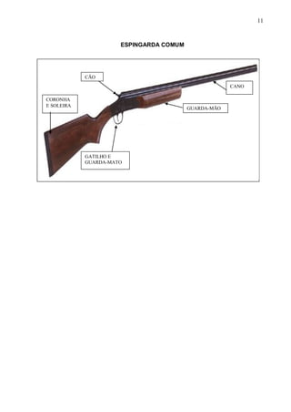 11



                      ESPINGARDA COMUM




            CÃO
                                                      CANO

CORONHA
E SOLEIRA
                                         GUARDA-MÃO




            GATILHO E
            GUARDA-MATO
 