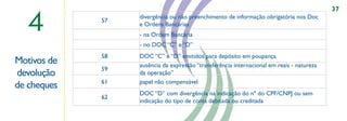 37

  4          57
                  divergência ou não preenchimento de informação obrigatória nos Doc
                  e Ordens Bancárias
                  - na Ordem Bancária
                  - no DOC “C” e “D”
             58   DOC “C” e “D” emitidos para depósito em poupança
Motivos de        ausência da expressão “transferência internacional em reais - natureza
             59
devolução         da operação”
                                     ,,


             61   papel não compensável
de cheques
                  DOC “D” com divergência na indicação do nº do CPF/CNPJ ou sem
             62
                  indicação do tipo de conta debitada ou creditada
 