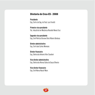 37
Diretoria do Crea-ES - 2008
Presidente
Eng. Civil e de Seg. do Trab. Luis Fiorotti
Primeiro vice-presidente
Téc. Industrial em Mecânica Ronaldo Neves Cruz
Segundo vice-presidente
Eng. Civil Patrícia Brunow Diniz Ribeiro Barbosa
Diretor-administrativo
Eng. Civil João Carlos Meneses
Diretor-financeiro
Eng. Eletricista Antonio Vitor Cavalieri
Vice diretor-administrativo
Eng. Eletricista Afonso Celso de Souza Oliveira
Vice diretor-financeiro
Eng. Civil Wania Nassif Marx
 