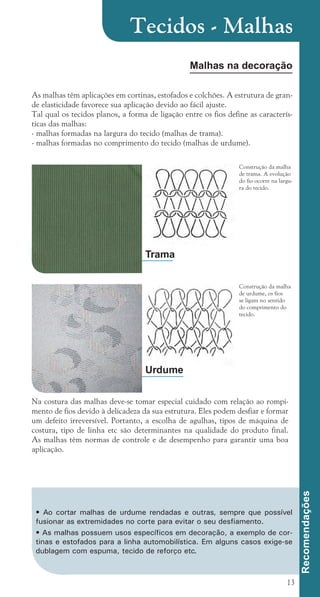 13
• Ao cortar malhas de urdume rendadas e outras, sempre que possível
fusionar as extremidades no corte para evitar o seu desfiamento.
• As malhas possuem usos específicos em decoração, a exemplo de cor-
tinas e estofados para a linha automobilística. Em alguns casos exige-se
dublagem com espuma, tecido de reforço etc.
Recomendações
Tecidos - Malhas
Malhas na decoração
As malhas têm aplicações em cortinas, estofados e colchões. A estrutura de gran-
de elasticidade favorece sua aplicação devido ao fácil ajuste.
Tal qual os tecidos planos, a forma de ligação entre os fios define as caracterís-
ticas das malhas:
- malhas formadas na largura do tecido (malhas de trama).
- malhas formadas no comprimento do tecido (malhas de urdume).
Construção da malha
de trama. A evolução
do fio ocorre na largu-
ra do tecido.
Construção da malha
de urdume, os fios
se ligam no sentido
do comprimento do
tecido.
Trama
Urdume
Na costura das malhas deve-se tomar especial cuidado com relação ao rompi-
mento de fios devido à delicadeza da sua estrutura. Eles podem desfiar e formar
um defeito irreversível. Portanto, a escolha de agulhas, tipos de máquina de
costura, tipo de linha etc são determinantes na qualidade do produto final.
As malhas têm normas de controle e de desempenho para garantir uma boa
aplicação.
cartilhanovaok.indd 13 27/7/2011 11:07:29
 