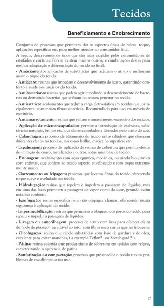 17
Beneficiamento e Enobrecimento
Conjunto de processos que permitem dar os aspectos finais de beleza, toque,
aplicações específicas etc. para melhor atender ao consumidor final.
A seguir, descrevemos os tipos que são mais exigidos pelos consumidores de
estofados e cortinas. Porém existem muitos outros, e combinações destes para
melhor adequação e diferenciação do tecido ao final.
- Amaciamento: aplicação de substâncias que reduzem o atrito e melhoram
assim o toque do tecido.
- Antiácaro: resinas que impedem o desenvolvimento de ácaro, garantindo con-
forto e saúde aos usuários do tecido.
- Antibacteriano: resinas que podem agir impedindo o desenvolvimento de bacté-
rias ou destruindo bactérias que se fixam ou tentam penetrar no tecido.
- Antiestático: acabamento que reduz a carga eletrostática em tecidos que, prin-
cipalmente, contenham fibras sintéticas. Recomendado para uso em móveis de
escritório.
- Antiamarrotamento: resinas que evitam o amassamento excessivo dos tecidos.
- Aplicação de microencapsulados: permite a introdução de essências, subs-
tâncias naturais, brilhos etc. que são encapsulados e liberados pelo atrito do uso.
- Calandragem: processo de alisamento do tecido entre cilindros que oferecem
diferentes efeitos no tecidos, tais como brilho, maciez na superfície etc.
- Espalmagem: processo de aplicação de resinas de cobertura que permite efeitos
de imitação de couro, metalização e outros, sobre uma base de tecido.
- Estonagem: acabamento com ação química, mecânica, ou ainda bioquímica
com enzimas, que confere ao tecido aspecto envelhecido e com toque extrema-
mente macio.
- Garzeamento ou felpagem: processo que levanta fibras do tecido oferecendo
toque suave e aveludado ao tecido.
- Hidrofugação: resinas que repelem e impedem a passagem de líquidos, mas
em uma das faces permitem a passagem de vapor como do suor, gerando assim
máximo conforto.
- Ignifugação: resina específica para não propagar chamas, oferecendo muita
segurança à aplicação do tecido.
- Impermeabilização: resinas que permitem o bloqueio dos poros do tecido para
repelir e impedir a passagem de líquidos.
- Lixagem ou esmerilhagem: processo de atrito com lixas para oferecer efeito
de ¨pele de pêssego¨ agradável ao tato, com fibras mais curtas que na felpagem.
- Oleofugação: resina que repele substâncias com base de gordura e de óleo,
excelente para evitar manchas, ( a exemplo Teflon® ou Scotchgard ® ).
- Pátina: resina colorida que produz efeito de sobretons em tecidos com relevo,
caracterizando a aperência de pátina.
- Sanforização ou compactação: processo que pré-encolhe o tecido e evita pro-
blemas de encolhimento no uso.
Tecidos
cartilhanovaok.indd 17 27/7/2011 11:07:30
 